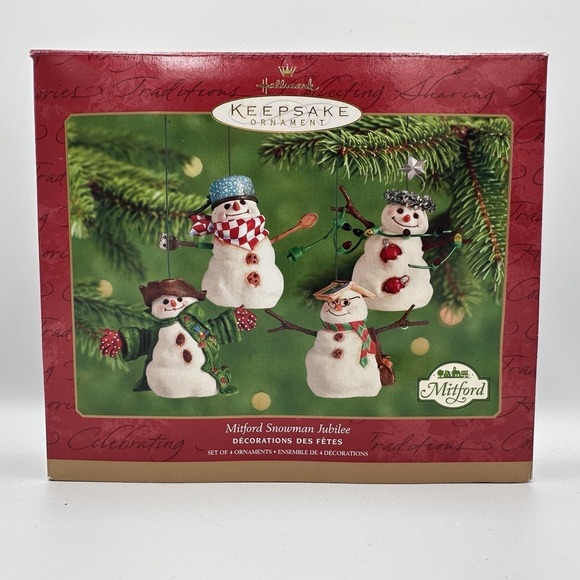Hallmark 2001 Mitford Snowman Jubilee Christmas Ornament Set 4 Box Dated QX2825 - Picture 2 of 14